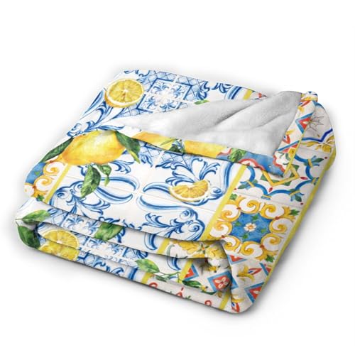 Summer Lemon Throw Blanket for Couch Chair Sofa Bed, Flannel Soft Watercolor Mediterranean Ceramic Tiles Floral Blanket for Bedroom Living Room Car, Warm Cozy Blankets for All Season 30"x 40" - color: Lemon01, size: 30X40 inch