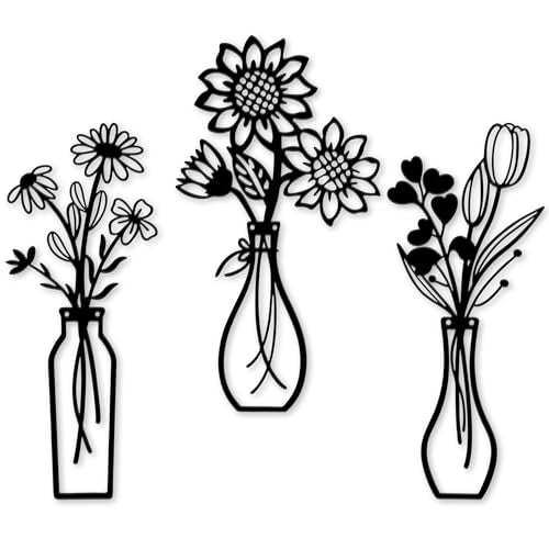 Mcdagogn 3 Pieces Metal Flowers Wall Arts - Rustic Farmhouse Wall Decor, Minimalist Black and White Wall Decor for Living room Bathroom Bedroom Dining Room Kitchen Office - Housewarming Gifts - color: Black 1