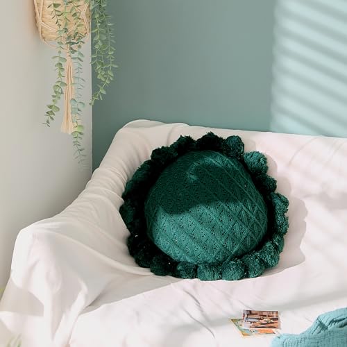 Acrylic Knitted Round Throw Pillow Knitting Bohemian Circular Cushion Pillow with Knit Handmade Pompoms Decorative Dark Green, Diameter 18inches - color: Dark Green