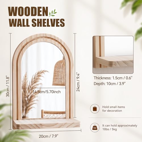 Artilady 4 Pack Wood Floating Shelves Boho Decor, Farmhouse Wall Mounted Mirror Wall Art for Living Room Bathroom Bedroom, Candle Crystal Plant Shelf (Beige Mirror 1) - color: Beige Mirror 1