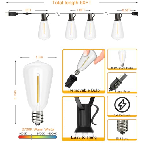 Svater Outdoor String Lights 60 FT, Patio Light Outside with 32 LED Bulbs | Waterproof Hanging Lighting, Shatterproof ST38 Vintage Edison Bulb, Connectable For Backyard Porch Balcony, 2700K Dimmable - size: 60FT