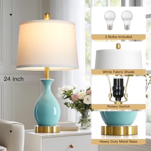 24" Aqua Blue Ceramic Table Lamps Set of 2, Modern Classic Bedside Lamps for Bedroom Nightstand, Small Table Lamp for Living Room End Table (2 LED Bulbs Included) - color: Aqua Blue - 24"H