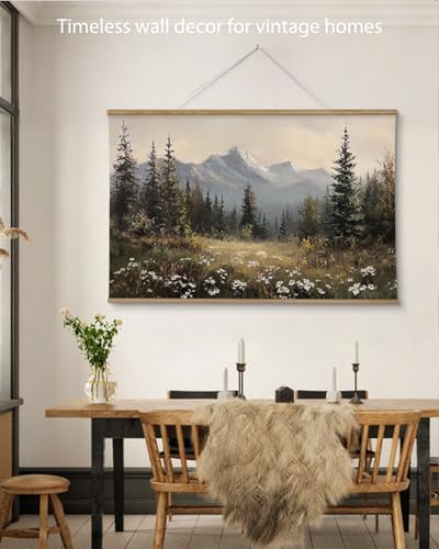 ARPEOTCY Extra Large Vintage Framed Wall Art, 36x54 Inch Wildflower Mountain Forest Hanging Framed Canvas Prints Scroll Wall Art Decor for Living Room Bedroom, Retro Scenery Pictures Above of Bed - color: Snow Mountain Pine Forest