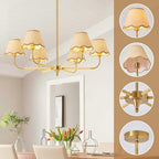 37" Boho Rattan Chandelier 6-light Farmhouse Rustic Industrial Pendant Light Fixtures with Wicker Lamp Shades, Adjustable Modern Brass Chandelier for Kitchen Island Dining Living Room Entryway