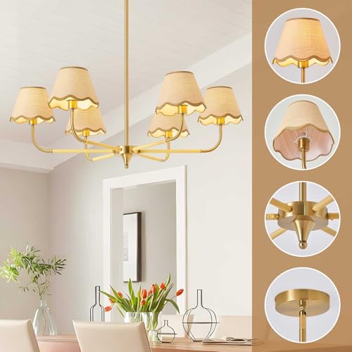 37" Boho Rattan Chandelier 6-light Farmhouse Rustic Industrial Pendant Light Fixtures with Wicker Lamp Shades, Adjustable Modern Brass Chandelier for Kitchen Island Dining Living Room Entryway