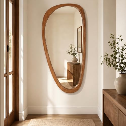 Solid Wood 48"x24" Large Aesthetic Wabi-Sabi Statement Mirror, Warm Walnut Full Length Irregular Mirror, Modern Organic Asymmetrical Wooden Wall-Mounted Mirror, Honey Walnut - color: Walnut, size: 48"L x 24"W