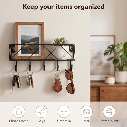 HappyHapi Key Holder for Wall Decorative, Entryway Key Hooks, Wall Mounted Key Rack with 5 Hooks, Metal Wire Mesh Basket Mail Holder, 9.8”Lx2.1”Wx4.1”H
