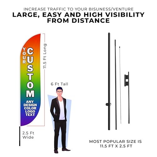 Custom Feather Flag by DreamController, Personalized Swooper Flag with Photo, Text or Logo, 11.5x2.5 FT Single-Sided HD Print, Optional Add-On 15 FT Pole Kit & Ground Spike, Made in USA, Fast Delivery - color: Feather Flag +/– Ground Spike Kit Custom