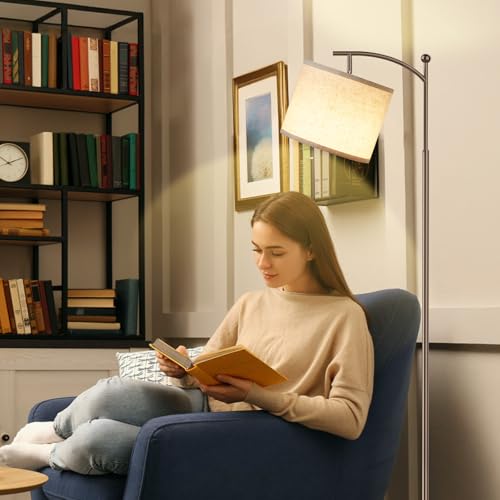 Ambimall 60" Floor Lamp for Living Room with 3 Color Temperatures, Adjustable Beige Shade with Brown Pole, Tall Lamp for Bedroom Office Classroom Dorm Room, 9W Bulb Included - color: Brown & Beige