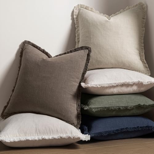 MIULEE Decorative Throw Pillow Covers Neutral Linen Fringe Throw Pillows Set of 2 Natural Coffee Boho Farmhouse Cushion Covers with Tassels for Couch Sofa Bed Living Room Spring Decor 18x18 Inch - color: Coffee, size: 18" x 18" (Pack of 2)