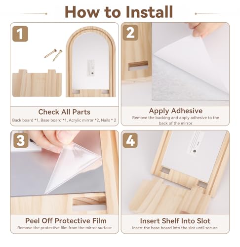 Artilady 4 Pack Wood Floating Shelves Boho Decor, Farmhouse Wall Mounted Mirror Wall Art for Living Room Bathroom Bedroom, Candle Crystal Plant Shelf (Beige Mirror 1) - color: Beige Mirror 1