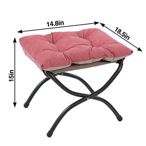 15" Foldable Foot Stool Ottoman with Metal Frame - Washable Red Upholstered Indoor/Outdoor Footrest for Living Room, Bedroom, Patio - Space-Saving Compact Design - color: Red