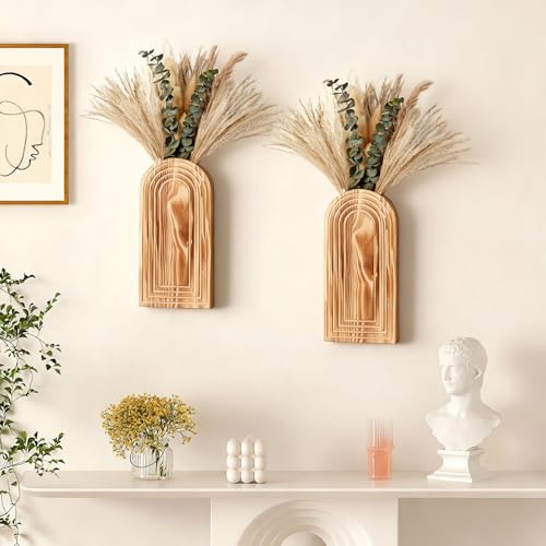 Wooden Wall Vase Set of 2 with Dried Pampas Grass & Eucalyptus – Boho Farmhouse Wall Decor for Living Room, Bathroom, Entryway or Hallway, Rustic Modern Wooden Wall Art