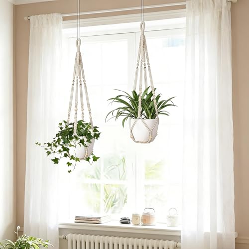 Macrame Plant Hanger for 4-12 Inch Pot Indoor Crochet Hanging Plant Holder Outdoor Boho Home Decor Basket wall Window Rope White Large Long (Ivory) - color: Ivory