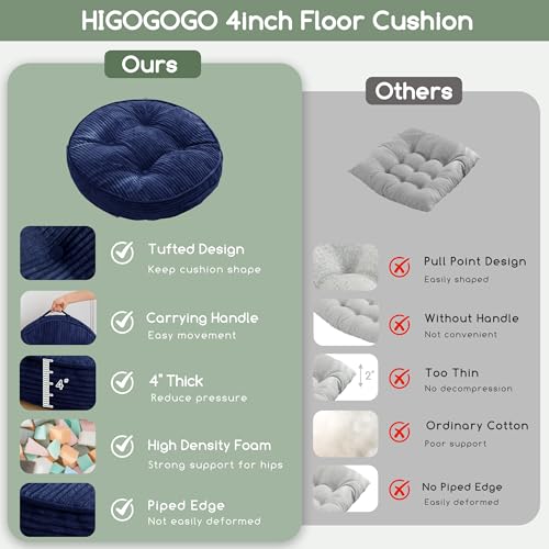 HIGOGOGO Floor Pillow Cushion for Adults, Meditation Cushion Pillow, Large Round Floor Sitting, Tufted Corduroy Cover, for Tatami Living Room or Yoga, 22x22 Inch, 2Pack, Navy - color: Round Navy, size: 4" Thick(Pack of 2)