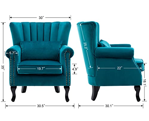 Kmax Teal Blue Accent Chair Velvet Wingback Chair with Pillow Nail-Head Channel Tufted Oversized Club Chair for Living Room Bedroom Guest Room - color: Teal Blue