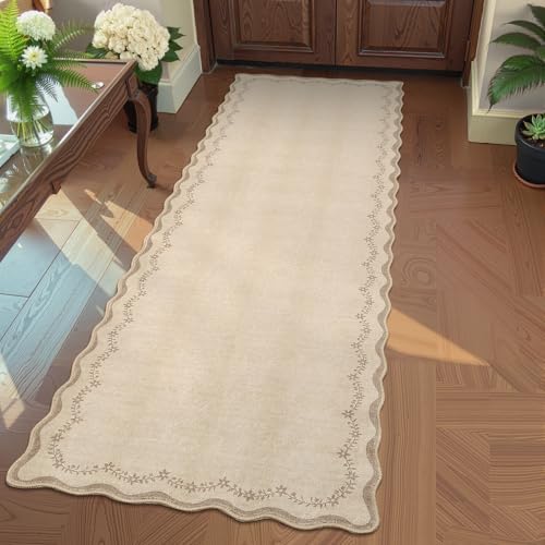 GarveeHome 2x6 Scalloped Washable Runner Rug for Kitchen, Soft Tan Jute Hallway Runner Non Slip Entryway Rug Farmhouse Thin Laundry Mat Stain Resistant Carpet for Bedroom Bathroom Beside Rug - color: Jute, size: 2' x 6' (Rectangular)