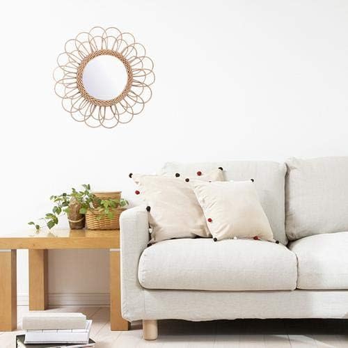 Hanging Mirror - Rattan Sunflower Circular Wall Mirror, Decor Bathroom Boho Nordic Wicker Dressing Makeup Mirrors for Inodoor Home Office Living Room Hallway (15.75inch)