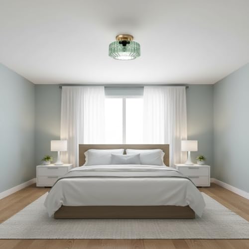 Sage Green Ribbed Glass Semi-Flush Mount Ceiling Light, 8.66" Mid-Century Modern Gold Light Fixture, E26 Base 1-Light Ceiling Lamp for Bedroom Bathroom Kitchen Hallway - color: Small, 8.66" Mint Green