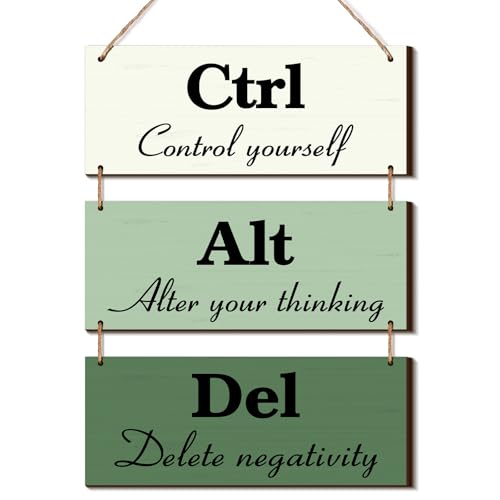 Qunclay 3 Pcs Office Wall Decor Green Wood Rustic Hanging Cubicle Decor Summer Inspirational Ctrl Alt Del Sign Decoration for Bathroom Indoor Home Living Room - color: Green, style: Classic