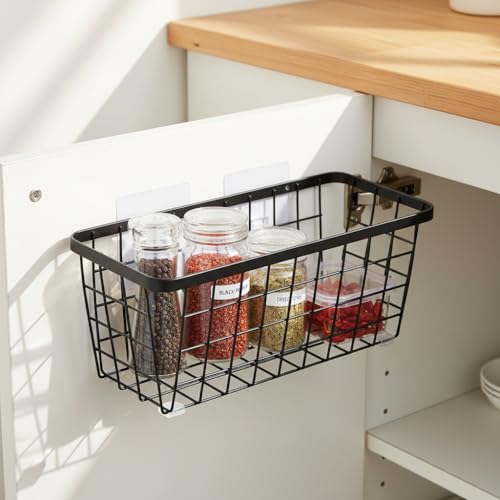 4 set Hanging Wall Basket Organizer,Over the Cabinet Door Wire Baskets for Organizing -Space-Saving Hanging Baskets for Organizing,Wall Mount Storage,No Drilling Adhesive Wall Storage Basket, Black - color: Black-New, size: 4 PACK