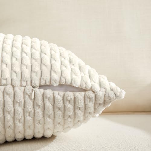 Fancy Homi 2 Packs Boho Cream Decorative Throw Pillow Covers 18x18 Inch for Couch Bed Sofa, Modern Farmhouse Home Decor, Soft Cute Plush Corduroy Cushion Case 45x45 CM - color: Cream, size: 18" x 18" (Pack of 2)
