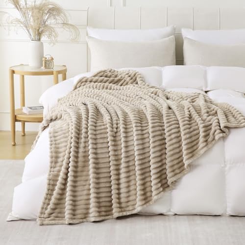 Khaki Throw Blanket for Couch Sofa 90x90 inches Striped Fleece Blankets Room Home Decor Lightweight Plush Soft Cozy Gifts for Women Mom Girls - color: Khaki, size: Queen(90"x90")