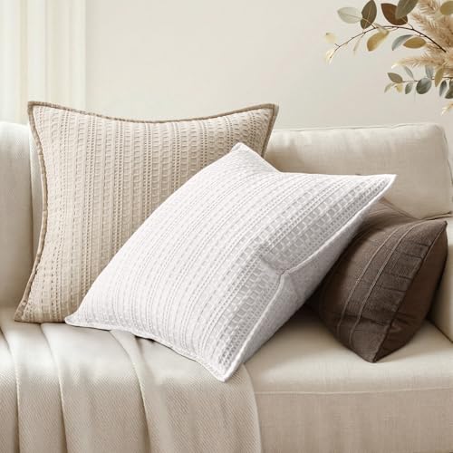 Set of 2 Decorative 100% Cotton Waffle Throw Pillow Covers 20x20, Neutral Euro Shams Weave European Cushion Cases for Couch Sofa Bed Modern Farmhouse Home Decor, White - color: White, size: 20" x 20" (Pack of 2)
