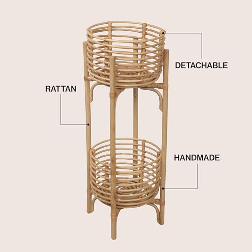 JONATHAN Y Zachariah 33.5" Bohemian Minimalist Handmade Rattan 2-Tier Indoor Planter Stand, Natural Woven Decorative Stand PLN3000A - color: Natural