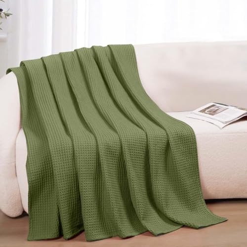 100% Cotton Blankets for Bed - Waffle Weave Blankets for Summer, Lightweight and Breathable Soft Woven Blanket for Spring (Olive Green, Twin (60" x 90")) - color: Olive Green, size: Twin (60" x 90")
