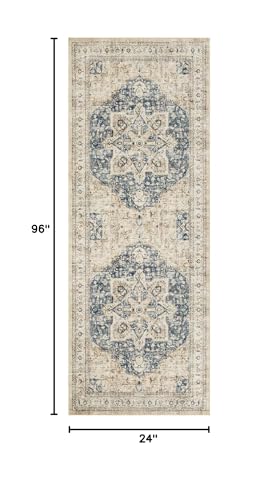 Tortania Area Rug 2x8 Runner Rugs - Washable Vintage Oriental Farmhouse Thin Indoor Carpet for Living Room Bedroom Hallway Entryway Kitchen Under Dining Table Home Office - Cream/Blue - color: Cream/Blue, size: 2' x 8' (Runner)