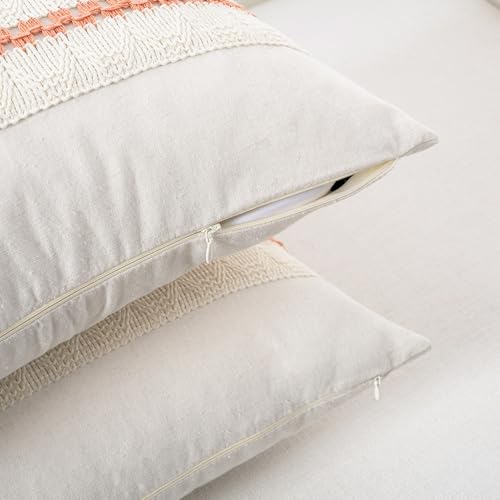 Fancy Homi Set of 1 Boho Coral Decorative Throw Pillow Cover 16x16 Inch for Couch Bed Sofa, Aesthetic Modern Organic Farmhouse Home Decor, Soft Cotton Cute Accent Macrame Woven Cushion Case - color: Coral, size: 16" x 16" (Pack of 1)