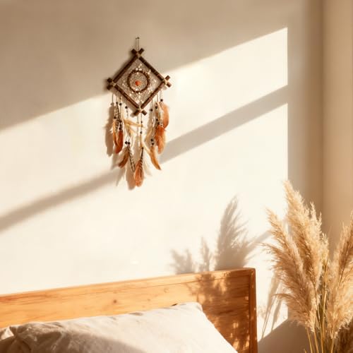 Dream Catcher Native American Boho Dreamcatcher Rattan Wood Wall Decor, Handmade Natural Dream Catchers with Healing Crystal Stone Feathers Ornament Indian Decor for Bedroom Living Room - color: Brown Orange Mix