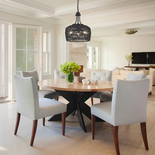 HMVPL Black Rattan Chandelier for Dining Room, 3-Light Boho Light Fixture with Woven Lampshade, Wicker Pendant Light Ceiling Hanging, Farmhouse Kitchen Chandelier for Bedroom Living Room Entryway - color: Black, size: 3-Lights (D)12.6 in