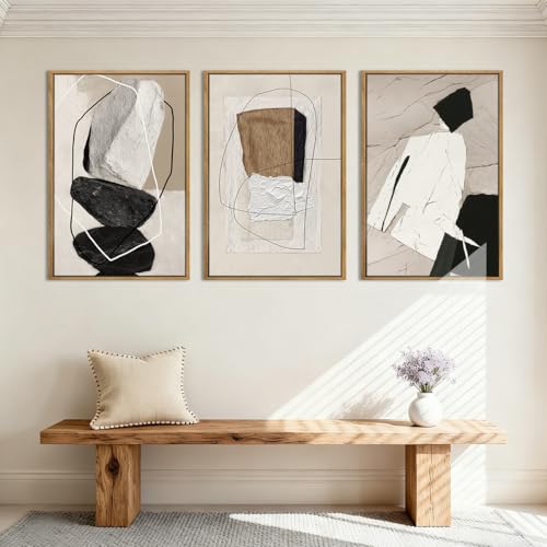 ANHUIB Large Neutral Abstract Wall Art Canvas,Black Beige Artwork, Modern Textured Framed Wall Art, Minimalist Geometric Painting,16x24 Inches Set of 3 for Living Room Bedroom - color: Neutral Abstract, size: 24"L x 16"W