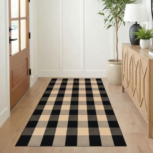 KILOCOCO Buffalo Plaid Checkered Rug - 3x5 Front Door Rug Brown and Black Indoor Cotton Washable Front Porch Layered Doormats for Kitchen/Laundry Room/Farmhouse/Entryway Outdoor - color: Brown and Black, size: 3' x 5' (Rectangular)