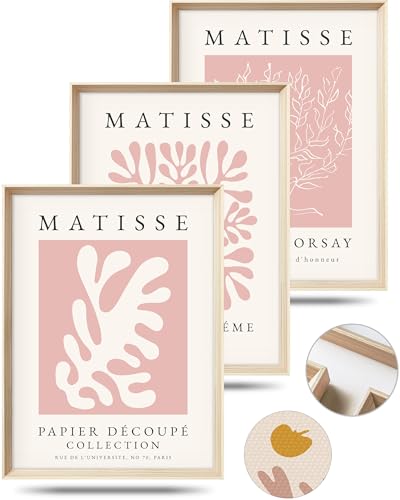 Framed Matisse Pink Canvas Wall Art,Abstract Matisse Canvas Wall Decor,16x12IN High Framed Wood Design Print,Minimalist Classic Decor Aesthetic for Living Room,Bedroom,Bathroom Set of 3 - color: Matisse Pink Wall Decor Framed, size: 16"L x 12"W