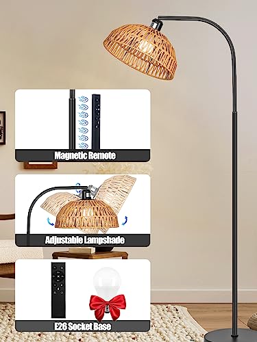 Rattan Floor Lamp- Boho Standing Lamp with Remote Control and Dimmable Bulb, Hand-Worked Adjustable Rattan Shades, Black Farmhouse Tall Lamp, Boho Arc Floor Lamps for Living Room, Bedroom, Office - style: Rattan Standing Lamp Black