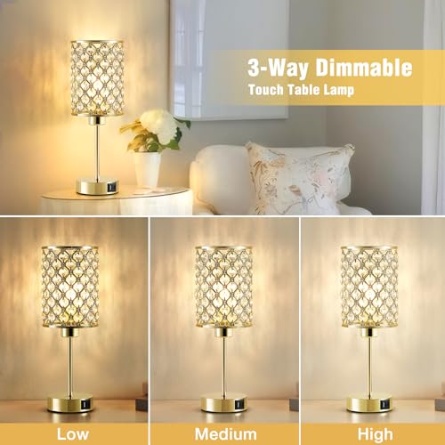GyroVu Crystal Table Lamp, Gold Touch Lamp for Nightstand with USB C+A Ports, Dimmable Lamp with Crystal Shade, Bedside Lamp Small Lamp for Bedroom, Living Room(Buld Included) - color: Gold, size: 14.75"