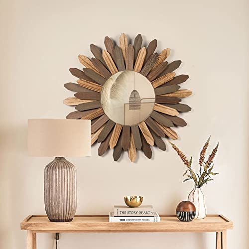 Honiway Boho Wall Decor 21 inch Wall Mirror Rustic Wood Decorative Mirror for Room Decor Rustic Home Decor Farmhouse Wall Decor at Living Room Bedroom Bathroom Hallway Trilcolor - color: Tril Color, size: 21 inch (1 pack)