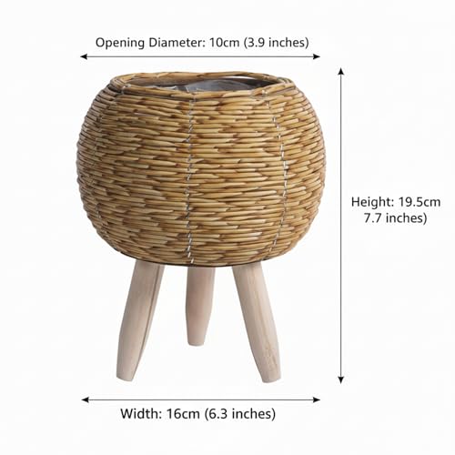 Flower Pots Boho Plant Stand, Wicker Basket Plant Stand with Wood Legs, Light Brown Rattan Plants Table for Home Decor, Office, Cafe