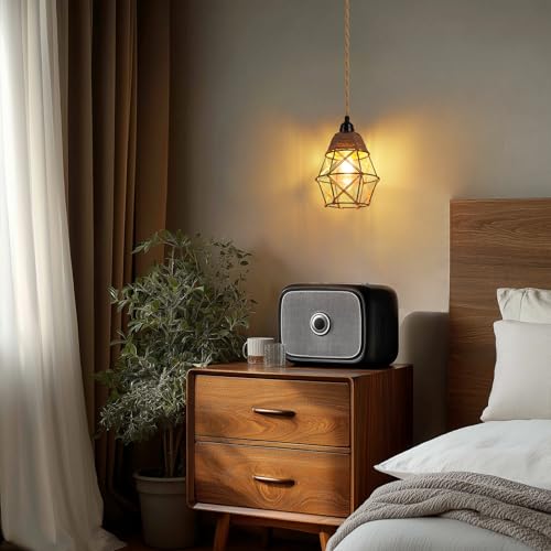 FRIDEKO HOME Farmhouse Rustic Plug in Pendant Light - Rattan Hanging Lamp with Plug in Cord 15ft Pendant Light Fixture with Wicker Lampshade Boho Industrial for Bedroom Living Room Decor - color: 5-Cage Lampshade