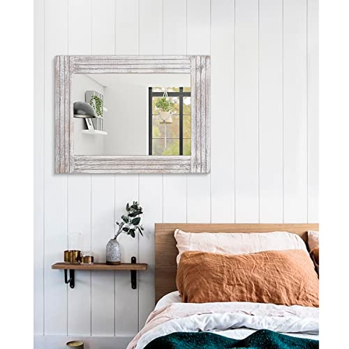 Wall Mirror Rustic Wooden Frame Rectangle Mirror Vintage Hanging Mirror for Bedroom Bathroom Living Room Farmhouse Wall Decor Large 26" x 18" - color: Rustic White, size: 26"L x 18"W