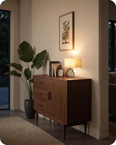 Small Bedside Table Lamp, Black Table Lamp with Metal Cage & Linen Lampshade, Modern Cute Desk Lamp, Cozy Nightstand Lamp for Bedroom, Living Room, Office, 2700K LED Bulb Included, E06TL05 - color: Beige + Black