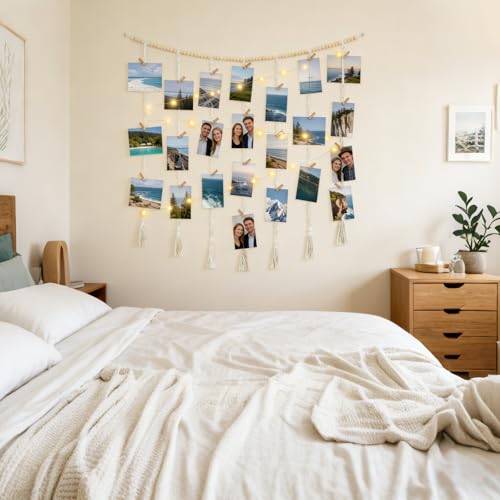 Macrame Hanging Photo Display Wall Decor, Bohemian Style,Picture with String Lights, Featuring a 30-Clip Teen Girl College Bedroom Living Room Classroom