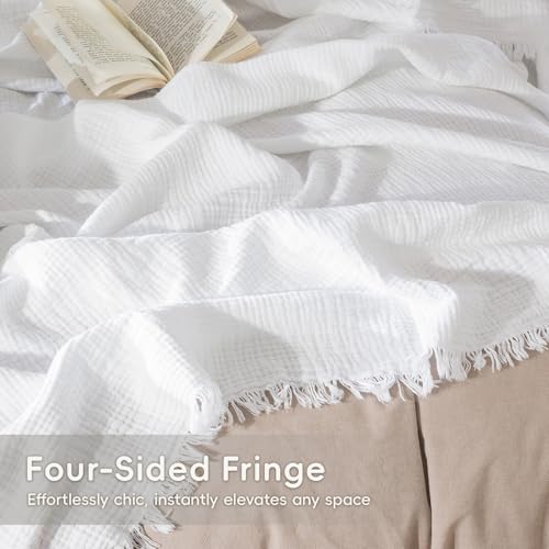MooMee Muslin Blanket - 100% Cotton 4-Layer Gauze Throw Blanket with All-Around Fringe, Soft Breathable Lightweight Cooling Summer Blankets for Bed Couch (Bright White,Throw 60" x 50") - color: Bright White, size: Throw