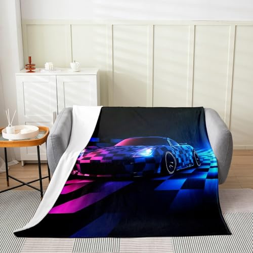 Cool Sports Car Bed Blanket Kids Girls Pink Blue Neon Flannel Blanket Soft Cozy Lightweight Geometric Grid Car Plush Fleece Blankets Gifts for Couch Bed Office Sofa(40x50 Inches) - color: Black, size: 40"×50"