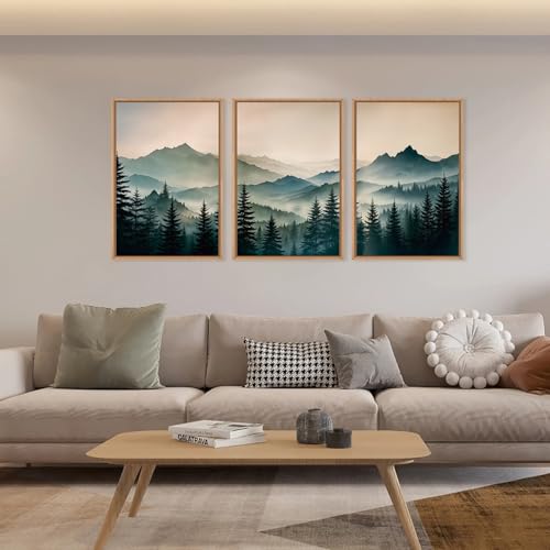 HPNIUB Large Green Mountain Framed Canvas Wall Art,Foggy Forest Wall Decor,Modern Watercolor Boho Pine Tree Wall Painting,Nature Mountains Landscape Art Print for Living Room,Bedroom,Office-16 x24 x3 - color: Green Mountain Wall Art, size: 16"L x 24"W