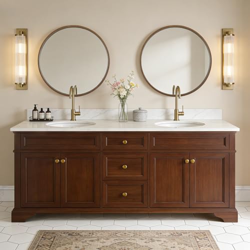 WallBeyond Circle Mirror with Wood Frame, 28" Round Modern Decoration Large Home Decor Mirror for Bathroom Living Room Bedroom Entryway (28" Diameter, Walnut) - color: Walnut, size: 28"L x 28"W