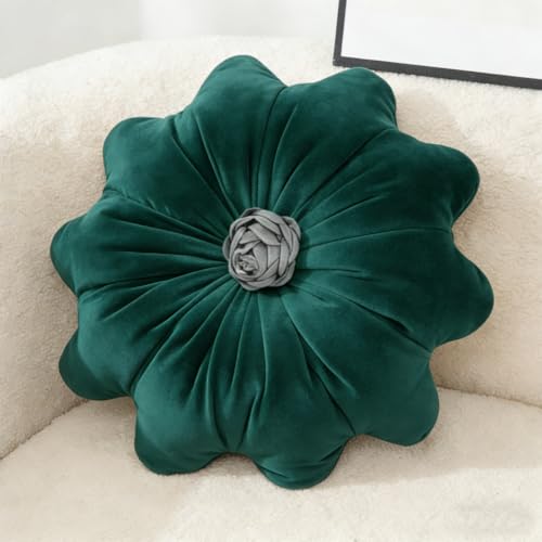 15.7 Inches Round Throw Pillows Velvet Flower Chair Cushion for Couch Sofa Chair Bed Home Decoration (Dark Green) - color: Dark Green
